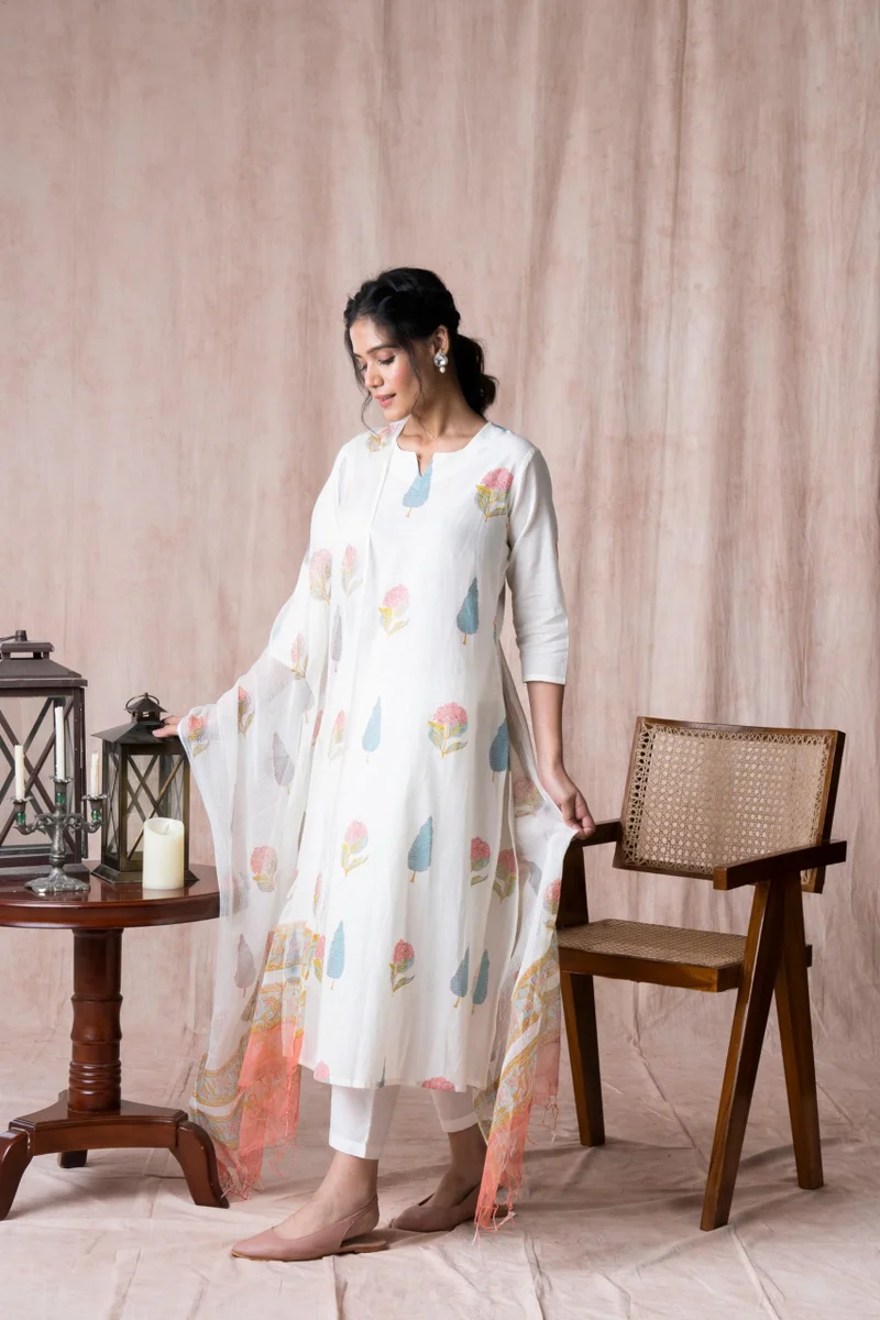 GoSriKi  GoSriKi Women's Cotton Blend Straight Printed Kurta with Pant & Dupatta (Nairiti White-GS_XL_White_X-Large) for Women | Best Price UAE